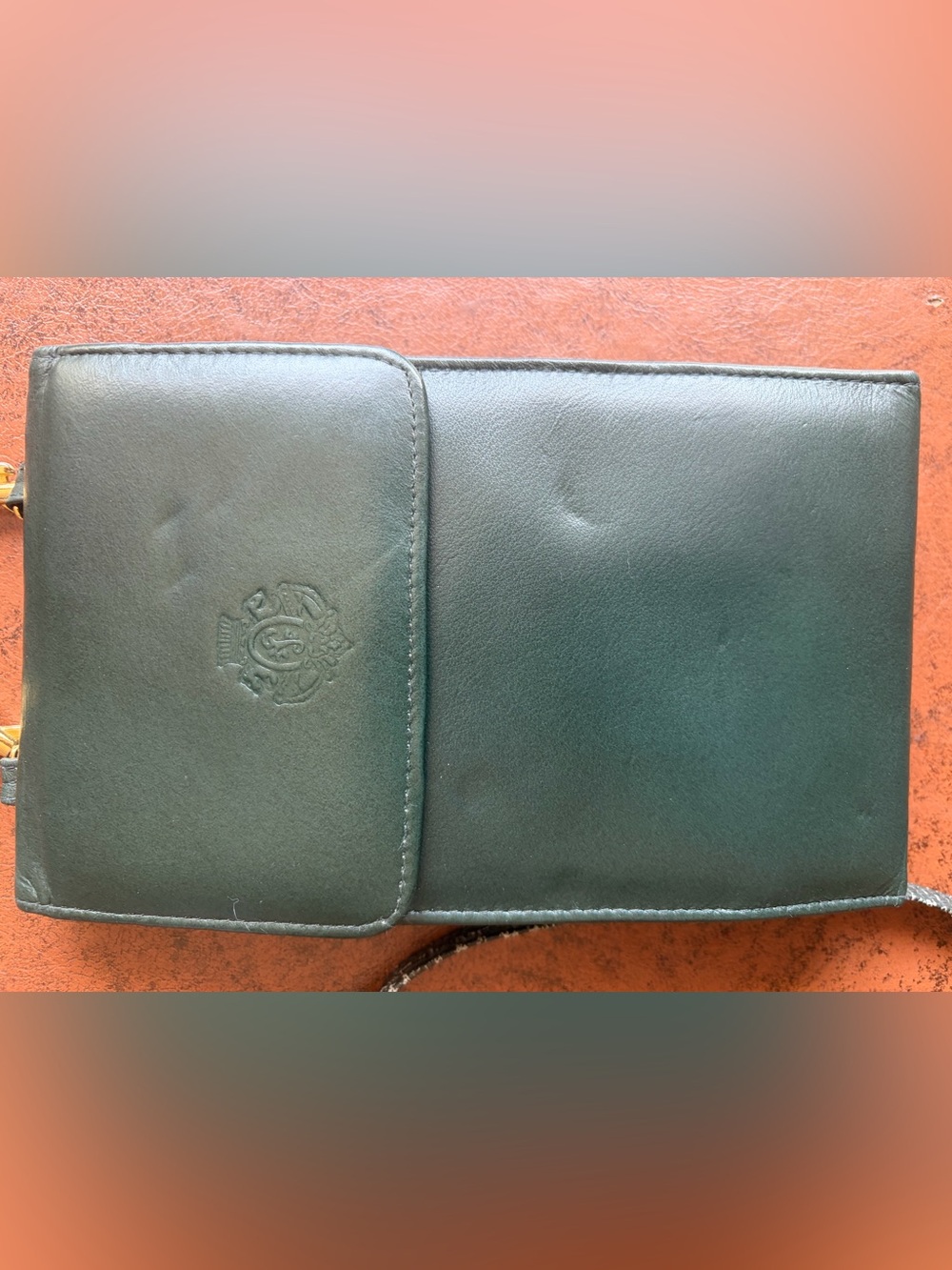 Embossed Crest Green Leather Crossbody Bag